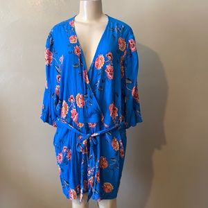 Loft Beach blue floral gold glitter striped romper elastic waistband pockets 20